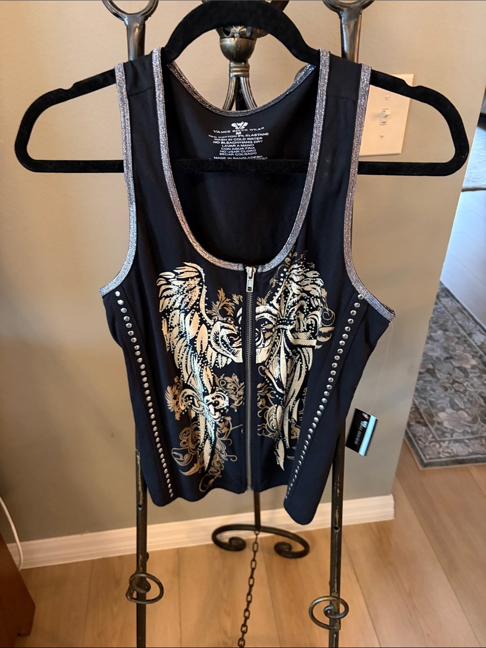 Black Tank Top with Gold Baroque Zip Front